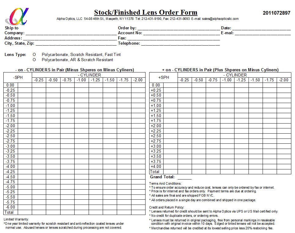 Polycarbonate Stock Lenses Power Range